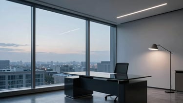 A sharp, wide-angle photograph of a modern North American office interior at dusk. A sleek dark navy glass desk reflects the soft slate blue evening sky from a floor-to-ceiling window. Minimalist light grey decor and a single architectural lamp provide sophisticated lighting. The atmosphere is professional, quiet, and stable.