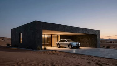 Wide environmental shot of modern desert architecture in Mesa at twilight, clean lines, dramatic low-key lighting, luxury vehicle parked in the driveway