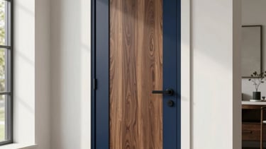 High-end modern walnut wood door with clean lines and a matte black handle, installed in a contemporary North American home entryway, soft natural morning light, architectural photography style, sophisticated and minimal composition using navy blue and platinum color palette.