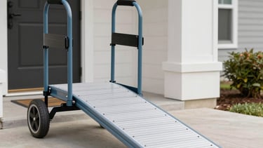 A professional, high-quality photograph of a modern aluminum mobility ramp installed at a North American suburban home entrance. The lighting is bright and clear, showcasing the clean lines and slate blue finishes of the equipment against soft off-white architecture. The scene feels reliable and welcoming.