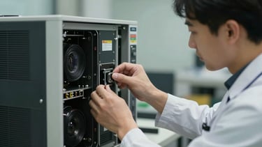 Professional technician in a clean uniform carefully adjusting the back panel of a large electronic appliance
