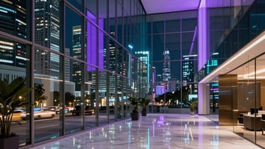 A high-end, futuristic office lobby in a modern South Asian business district. The scene features glassmorphism architecture, smooth marble floors reflecting neon purple and deep teal lighting. In the background, a blurred night view of a metropolitan Indian city with glowing skyscrapers. Sophisticated and luxury digital agency atmosphere.