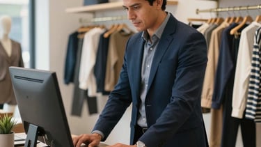A high-quality photography of a Latinoamericano / Hispano business owner working in a modern clothing boutique. They are standing at a clean wooden counter, efficiently using a desktop computer system. The shop environment is organized and bright, with racks of stylish apparel in the soft-focus background. The scene features a color palette of dark blue and medium blue. Professional natural lighting, cinematic and trustworthy atmosphere.