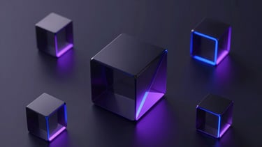 Sleek dark-mode 3D render of geometric glassmorphism shapes floating over a dark obsidian surface with neon violet backlighting.