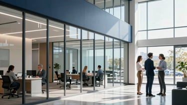 A wide-angle photography shot of a sleek, modern North American / US medical tech office lobby. The architecture features clean glass partitions and polished floors. The lighting is bright and natural, coming from large windows. The color palette includes deep navy and soft light blue accents. In the background, professional staff in business casual attire are engaged in conversation, reflecting a trustworthy and innovative healthcare technology environment.