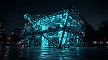High-fidelity digital render of an architectural glass structure reflecting electric cyan light, dramatic studio contrast, deep moody shadows, sharp focus, 8k.