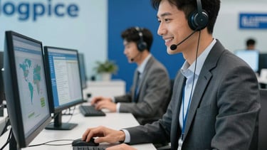 A bright, professional customer service center in an international business hub. A smiling logistics professional in corporate attire works at a clean desk with sleek monitors displaying global shipping routes. The interior has a modern aesthetic with light blue and dark blue brand colors. High-quality photography.