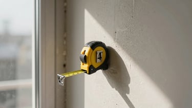 Extreme close-up of a measuring tape pressed against a raw plaster wall corner in a renovation site, diffuse north light from a nearby window, dust particles visible, no people, architectural framing