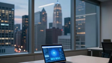 A clean, high-end North American office interior at dusk. A large glass window overlooks a lit city skyline. Inside, a minimalist desk features a sleek laptop displaying a blue-toned security interface. The atmosphere is professional and secure, using shades of dark gray and bright blue. Soft, efficient lighting creates a sense of high-tech trust.