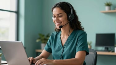 A professional South American / Brazilian woman with a headset, working as a virtual health assistant, smiling in a clean and modern office with deep teal and pale mint accents, soft morning light, photography style.