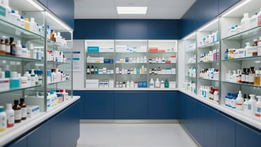Interior of a modern, clinical German pharmacy or medical facility, professional and extremely clean. The lighting is bright and natural, reflecting off polished glass and steel blue surfaces. Central European setting. The composition shows deep navy blue accents, symbolizing hygiene and high standards, with no people present.