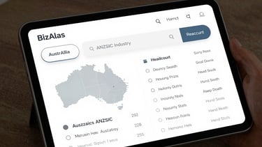 High-fidelity UI mockup of the BizAtlas search interface, showing filters for Australian states, ANZSIC industry codes, and headcount ranges, clean modern layout.