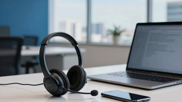Photography of a modern and bright Brazilian corporate office workstation in São Paulo. A professional headset sits on a clean white desk next to a sleek laptop and a smartphone. The lighting is natural and airy, with deep blue and soft sky blue color accents in the office decor, conveying efficiency and modern technology.