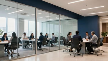 A professional wide-angle photograph of a modern corporate office interior in Bangalore, featuring glass walls and high-end furniture. In the background, South Asian legal professionals are engaged in a meeting. The lighting is bright and clean, incorporating tones of midnight navy blue and soft pearl white.