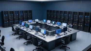 Professional high-angle shot of a high-tech security operations center in a modern South American corporate building. Elegant dark blue and silver tones, clean lighting on server racks and monitoring screens in the background. Minimalist and premium aesthetic that conveys trust and advanced technology.