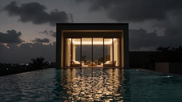Cinematic wide shot of a luxury hotel infinity pool at dusk, warm interior lights reflecting on the water, dramatic dark sky, minimalist architecture.