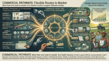 Infographic showing commercial pathways for Eco Health Industries including licensing, partnerships, and market-ready