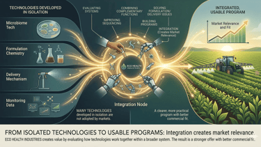 Diagram showing the integration of microbiome tech and formulation chemistry into usable agricultural programs.