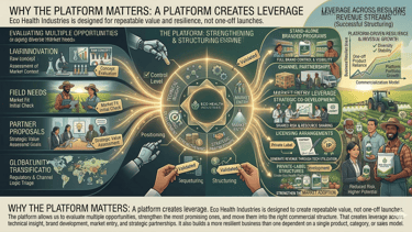 Eco Health Industries infographic showing a business platform model for sustainable agriculture and product development