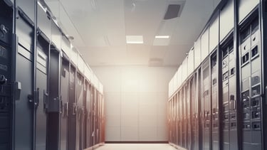 Security camera mounted on a building exterior overlooking a parking lot