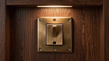 A solid bronze light switch mounted on dark oak paneling, warm light glowing softly from a hidden cove above