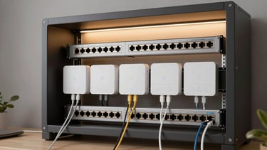 A clean, organized technical rack with smart home controllers and network switches, precise cabling, warm accent lighting in a modern utility space