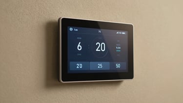 Close-up of a flush-mounted smart home dashboard tablet on a textured plaster wall, soft warm side lighting, minimalist interface showing climate controls