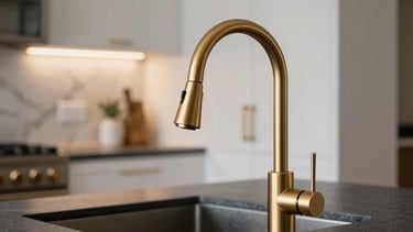 A sophisticated close-up of a modern kitchen renovation in Los Angeles. Focus on premium materials: a sleek charcoal gray countertop meeting a rich gold-finished designer faucet. In the blurred background, warm white cabinetry and elegant lighting create a luxury professional atmosphere. High-end architectural photography, North American / US - Los Angeles.