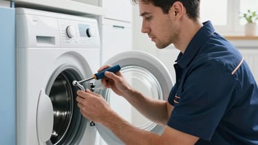 A sharp professional photograph of a skilled technician in a dark blue uniform inspecting a modern white washing machine with professional tools in a bright, contemporary laundry room in Dubai Silicon Oasis. Clean, high-quality residential setting with soft daylighting and light blue accents.