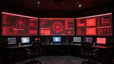 Ultra-wide 2.39:1 anamorphic crop of a dark tactical control room simulation, sharp red UI glowing on screens, low-key dramatic lighting.