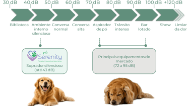 Infográfico comparando os níveis de ruído do secador silencioso Pet Serenity com os convencionais.