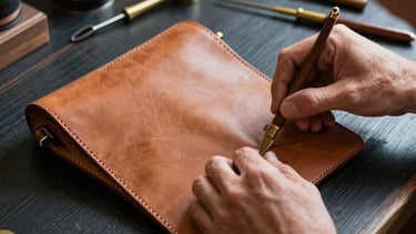 Close-up photography of a master craftsman's hands working on a premium leather handbag in a European studio. The setting features a dark navy wood workbench with professional brass tools. Soft morning light highlights the rich gold-tan texture of the leather. Sophisticated and artisanal atmosphere.