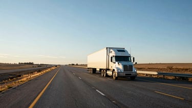 Wide open-road landscape of a US interstate highway stretching into the horizon, early morning daylight, 35mm photography