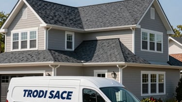 A professional photograph of a newly installed charcoal gray asphalt shingle roof on a beautiful two-story residential home in a North American New Jersey neighborhood. The sky is a clear light blue, and the bright afternoon sunlight highlights the texture and quality craftsmanship. A clean white service van with dark blue lettering is parked in the driveway, reflecting a clean, modern, and trustworthy roofing business.