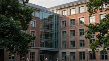 A high-quality photograph of a prestigious German university building featuring a mix of historic brickwork and modern glass panels. People in professional attire walk through a courtyard filled with deep forest green trees. The scene is illuminated by soft, natural morning light, creating an atmosphere of reliability and academic innovation. Central European / German setting.
