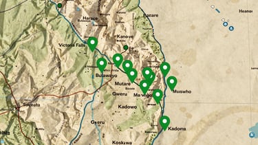 Wide panoramic, warm editorial photography of a detailed map of Zimbabwe with green location markers and subtle animated pulse dots on Harare, Bulawayo, Victoria Falls, Mutare, Gweru, Masvingo, Kwekwe, Kadoma. Natural outdoor daylight, rich authentic tones, documentary style.