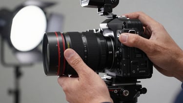 Behind-the-scenes production set, extreme close-up of hands adjusting a lens on a high-end camera rig, harsh studio flash illuminating the metallic textures