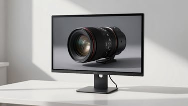 Raw vertical video frames displayed on a premium monitor in a minimalist white studio, high-contrast direct sunlight casting sharp shadows across the desk