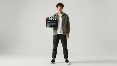 Low-angle heroic portraiture of a model in minimalist streetwear holding a production slate, clean shadowless white-box studio lighting, expansive negative space