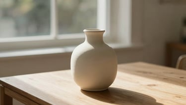 A close-up of a styled vignette with a ceramic vase on a light oak table, soft natural Brisbane sun pouring through a window, shallow depth of field, 35mm
