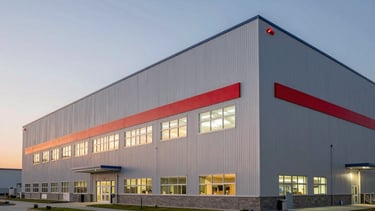 A sharp, professional wide shot of a modern industrial facility at dusk in North American, featuring clean architectural lines and subtle red accent lighting. The environment looks secure, professional, and sophisticated.