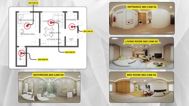 Apartment floor plan with labeled interior previews, including living room, kitchen, bedroom, and bathroom renderings