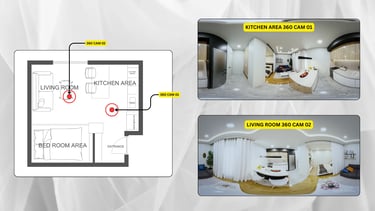 Apartment interior layout with labeled floor plan and preview renders of kitchen, living room, and bedroom — 3D visualization