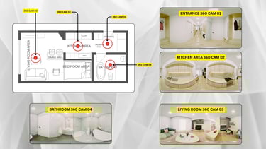 Apartment interior layout with a labeled floor plan and preview renders of the kitchen, living room and bathroom, used as a r