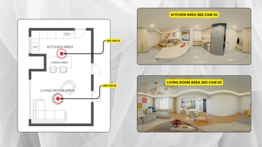 Apartment layout showing floor plan with preview renders of living room, kitchen and dining area used as a reference for inte