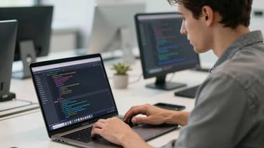 A focused European / French software developer or web designer is shown in a clean, modern office environment. They are typing on a laptop, with a blurred yet vibrant display of code or a sophisticated web interface on the screen. The composition is a medium shot, slightly from the side, emphasizing their concentration and the technology they are using. Lighting is bright, natural, and professional, highlighting a sleek, high-tech aesthetic. The style is minimalist and elegant, reflecting innovation and precision.