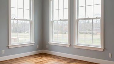 A crisp, professional photograph of a contemporary North American home interior showcasing polished hardwood flooring and sparkling clean windows. The room is filled with soft, natural light, highlighting the meticulous cleaning and home improvement work. The aesthetic is modern and efficient, featuring a light grey and slate blue color scheme.