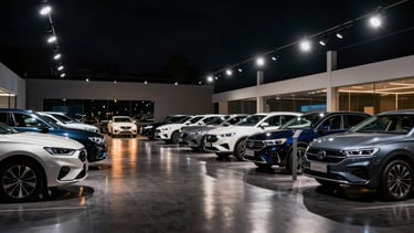 Wide-angle showroom interior at night, a row of gleaming sedans and SUVs under dramatic overhead studio strobes, dark polished floor reflecting amber and white light, cars perfectly still, no people