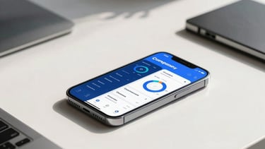 A professional European office setting in Paris with a minimalist desk, a high-end smartphone showcasing a sleek financial automation dashboard, soft morning light hitting white surfaces, clean aesthetic with blue and dark grey accents, premium photography.