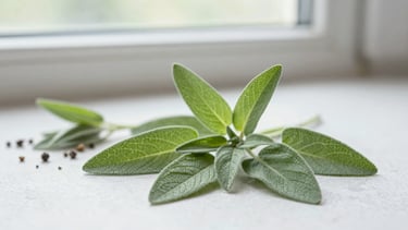 Close-up of fresh green sage leaves and organic botanicals on a clean white stone surface, soft natural window light, shallow depth of field, 35mm